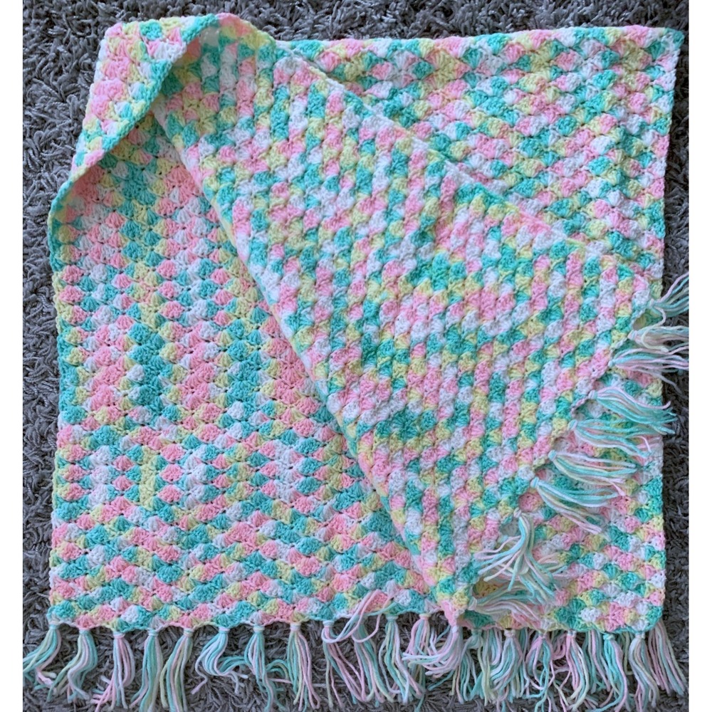 Baby Nursery Pastels Hand Crochet Blanket Pink Mint Yellow Nursery 64x29 Unused